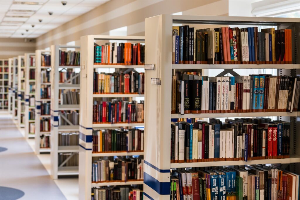 Library books on shelves